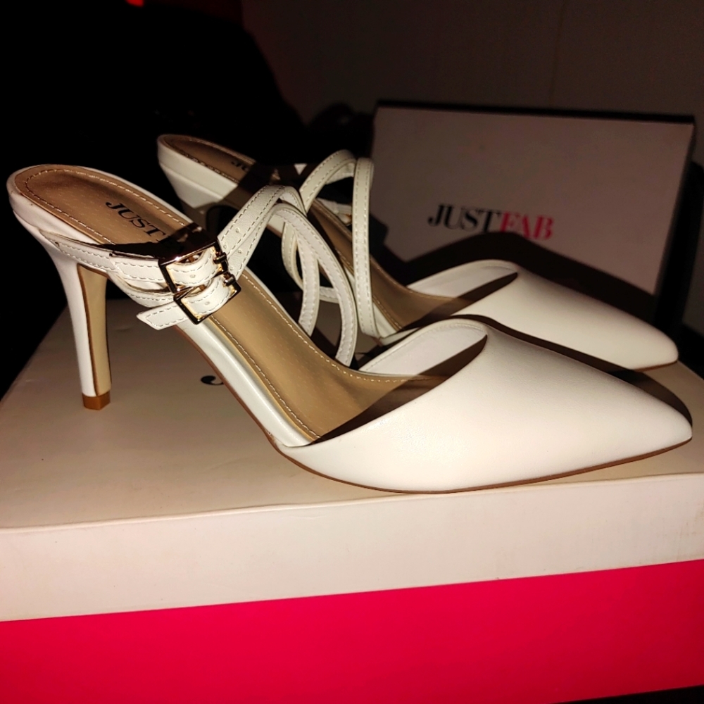 White buckle mules